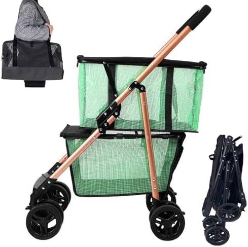Folding Shopping Cart with Rolling Swivel Wheels Utility Trolley Cart, with Stylish Removable Tote Basket for Travel Shop Move Luggage Office (Green + Gold Frame)