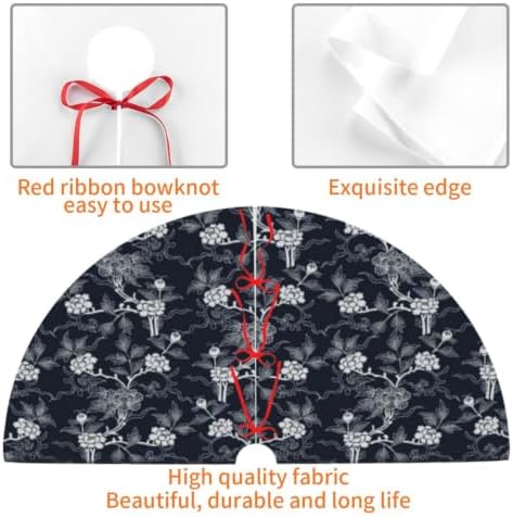 Christmas Tree Skirt, Soft Polyester Xmas Tree Skirts with Ribbon Ties, Rustic Farmhouse Holiday Party Decorations Indigo Dye Seamless Stencil Pattern 36"