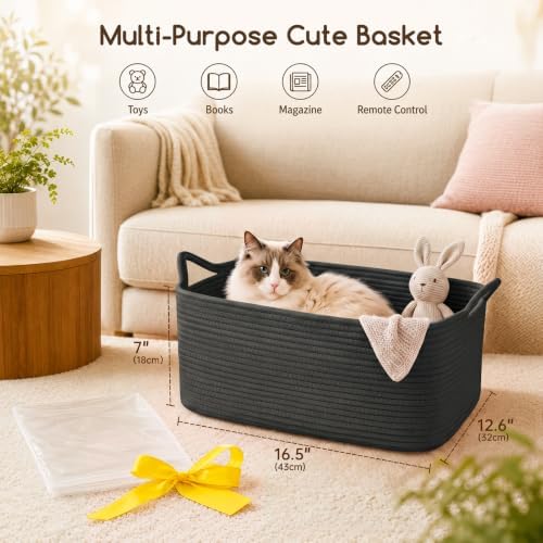OIASKET Large Empty Cotton Rope Gift Basket with Handles, 16.5"x12.6"x7" Decorative Woven Storage Basket with Gift Bag and Ribbon Set for Baby Shower, Toy Organizer for Kids, Dogs & Cats - Black