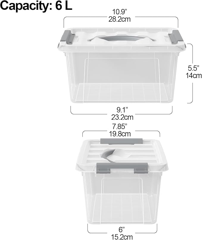 6L Clear Storage Latch Bins, 6-Pack Organizer Box with Handle