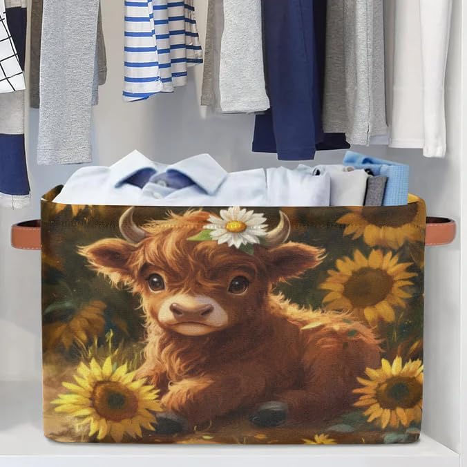 Cute Baby Cow Storage Basket with Handles Fabric Storage Bins Collapsible Nursery Basket for Shelf Book Cloth Closet Organizer Box 15 X 11 X 9.5 IN