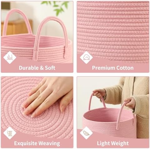 Laundry Basket Hamper Tall Rope Storage Woven for Blanket toys Dirty Clothes in Living Room Bathroom Bedroom (Pink, 60L/15.8Gal)