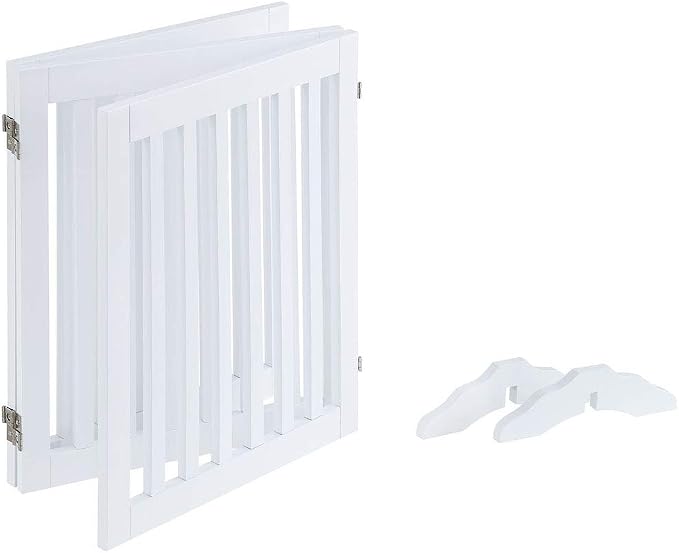 unipaws 24”H Free Standing Pet Gate for Dog Cat, 60”Wide Wooden Dog Gates | Foldable Pet Fence for Doorway, Stairs, Step, Expandable Doggy Barrier, Indoor Use, White