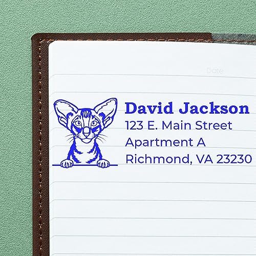 Peeking Oriental Shorthair Cat Address Rubber Stamp, Uses Stamp Pad, Gift for Cat Lover, Rectangular Design, Size 7/8" x 2-1/4"