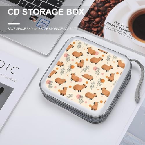DVD Case 40 Capacity Floral Capybaras CD Holder Organizer Zipper Wallet | Disc Collection Storage Bag for Music Movie Game, Floral Capybaras Hard Plastic, Hand Strap