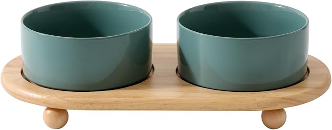 Havniva Raised Cat Bowl, 6.1” Elevated Ceramic Cat Food and Water Bowl Set | Cat Bowls Elevated, Whisker Friendly Cat Bowl, Non-Slip Wood Stand, Food-Grade Ceramic, Wide Opening, Dishwasher Safe