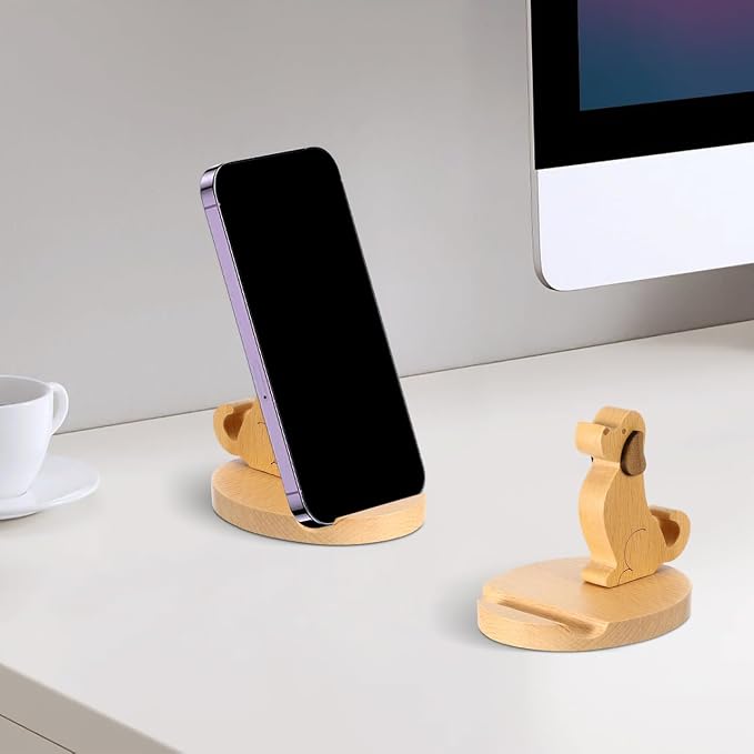Didiseaon Wooden Dog Cell Phone Holder Cute Puppy Shape Smartphone Stand Tablet Dock Hands Free Mount Office Desk House Decor Accessory Chocolate Beech Wood Funny Creature Desktop Display 3.81 Inches