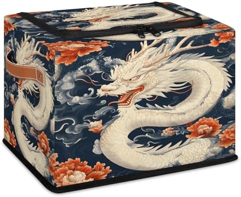 Japanese Dragon Storage Bins with Zipper Lid Foldable Fabric Organizer Box with Handles Rectangular Closet Clothes Organizer Containers