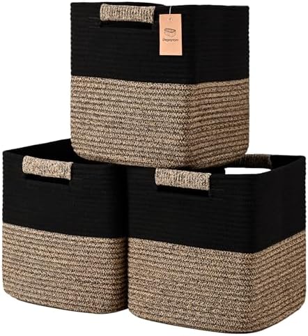 11 Inch Storage Cubes, 3 Pack Cube Storage Bins for Organizing, Cotton Rope Woven Baskets for Shelves, Bathroom, Kids Room, Closets, Baby Nursery