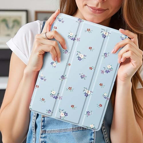 Cute Purple Floral Case for 13" iPad Pro(2024), Clear TPU Smart Stand Back Cover with Pencil Holder, Auto Wake/Sleep Foldable Shockproof Protective Case