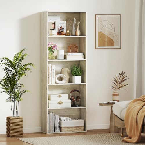 GIANTEX 5-Tier Bookshelf, Freestanding Bookcase, 5 Open Shelf, White Oak | Modern Display Shelf, Storage Organizer for Living Room, Home Office