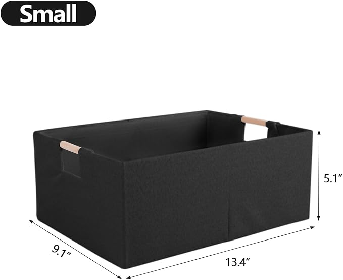 Fabric Storage Box, 16x12in Foldable Cotton Linen Basket with Wooden Handle | Large Rectangular Cube Decorative Home Laundry Organizer Clothes Blanket Container Organizing Clothes Sheets Jeans, Black