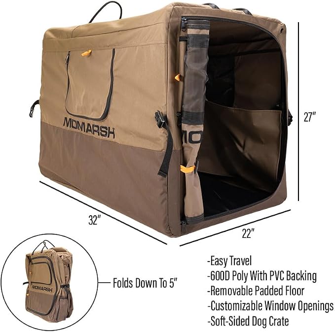 Momarsh Quick Crate | Collapsible Dog Crate for Travel & Waterfowl Hunting | Removable Padded Floor & Customizable Windows | Weather Proof Siding & Exterior Pockets for Storage