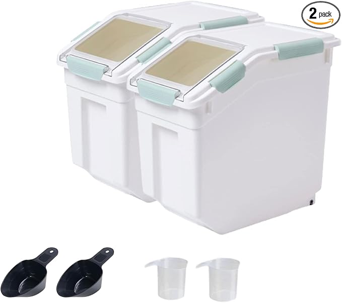 25lb Airtight Flour Storage Container, Gray | Includes Wheels & Scoop, 2-Pack, for Rice/Grain/Dog Food, Seal Locking Lid