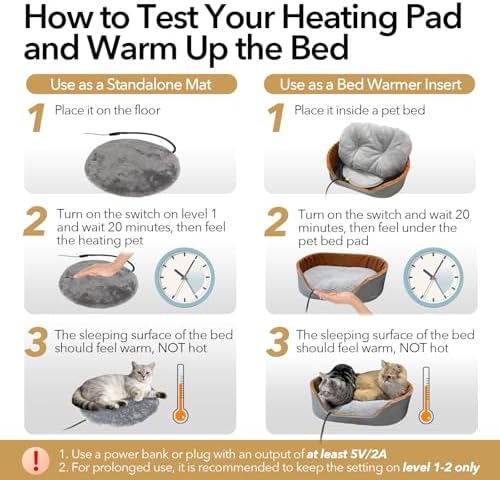USB Heating Pad for Cats & Dogs Indoor/Travel/Outdoor - Power Bank Pouch & Washable Cover, 5V Safe Waterproof Warmer, 5-Temp & Timer, 140°F Auto Shut-Off, Battery/Wall Powered (12"x16")