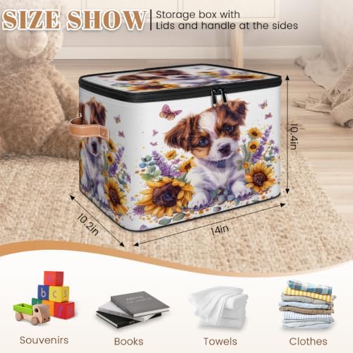 Cute Puppy Dog Sunflower Storage Box with Zipper Lid | Collapsible, Fabric, Storage Bin, Handle, Large, Closet Organizer, Containers, Bedroom, Home, Floral