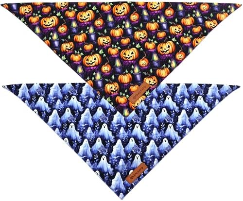 Realeaf Halloween Dog Bandanas 2 Pack, Pumpkins and Ghosts Pet Scarf for Boy and Girl, Premium Durable Fabric, Holiday Bandana for Medium and Large Dogs Pets (Large)