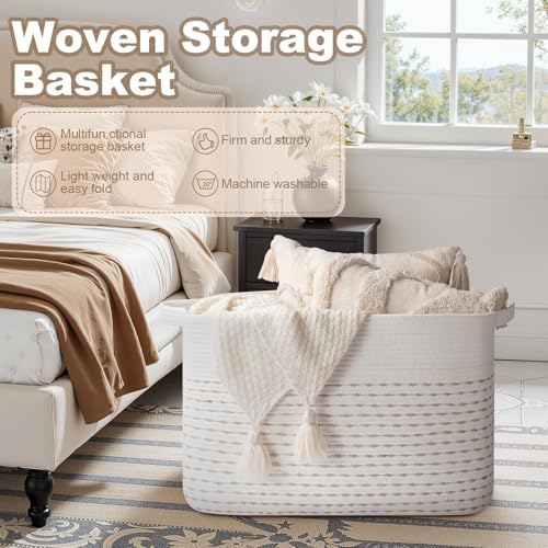 OIAHOMY 108L Extra Large Blanket Basket, 25”x16”x16” Rectangle Woven Cotton Rope Baskets for Living Room, Toy Storage with Handle- Light Yellow & White