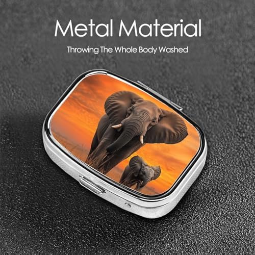 Pill Box 2 Compartment Medicine Pill Case for Pocket or Purse Mini Metal Pill Holder Cute Wild Elephant Pill Case Vitamin Organizer Portable Travel Pill Container to Hold Supplements Vitamins