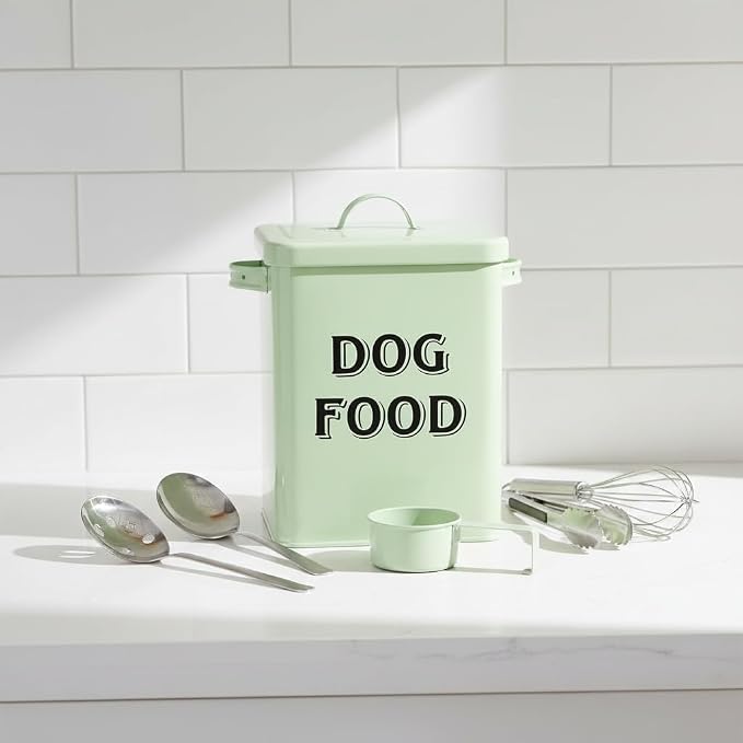 Morezi Metal Dog Food Storage Container Airtight Pet Food Treat Bin 6 lbs | Vintage Durable Canister Dog Treats Tin with Lid& Scoop for Kitchen Countertop, Shelf, Great Gift for Pet Owners(Green)