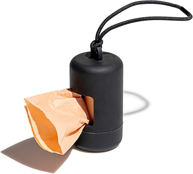 Wild One Dog Poop Bag Holder and Dispenser with Leash Attachment, Leak Proof, Easy Twist Top for Refills, Includes 1 Roll Bags, Black