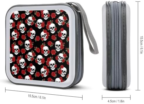 Hard Plastic CD/DVD Organizer Dark Black Red Rose Skull, 40-Disc Storage Binder with Zipper, Portable Protective Case for Car Office