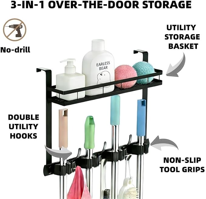 Over the Door Heavy Duty Metal Broom & Mop Holder, No-Drill Cleaning Supply Organizer with 4 Grips, 3 Hooks & 1 Storage Basket for Laundry Room & Garage