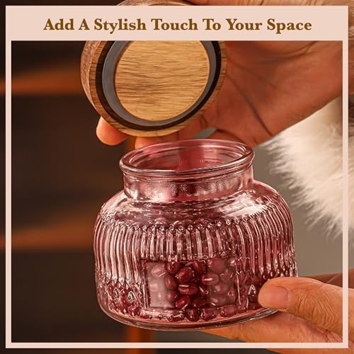 Decorative Pink Ribbed Glass Jar with Airtight Wooden Lid, 25.4 fl. oz | Wide mouth vintage storage canister, kitchen pantry bathroom organization, coffee sugar tea cookie candy candle vase gift
