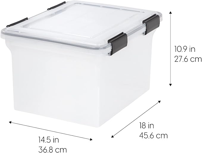 IRIS USA WeatherPro Storage File Box, 32 Qt. 6-Pack, Clear/Black | Protect files, documents and important records with weather resistant storage, secure latches and stackable organization