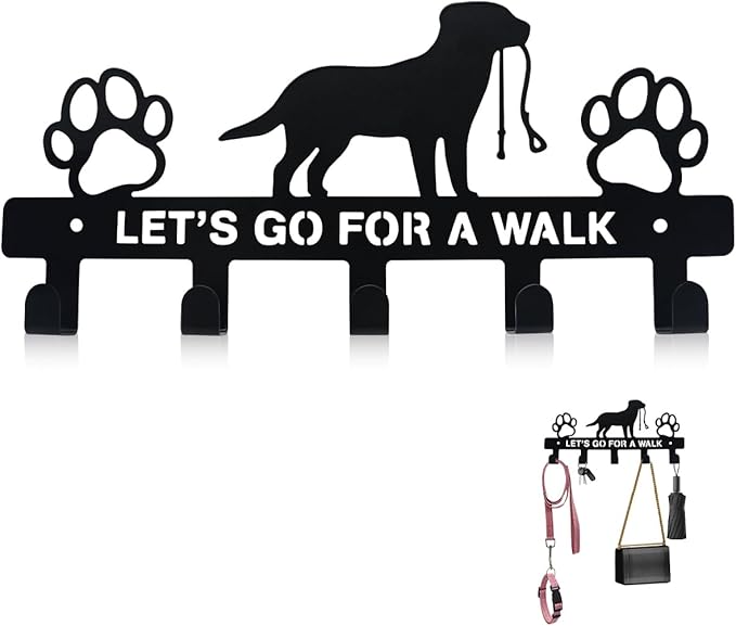 Dog Leash Holder for Wall, Key Holder Mount with 5 Metal Hooks, Pet Leash and Key Organizer, Screw Mounted Rack for Leashes Keys Collars, Entryway Garage Mudroom