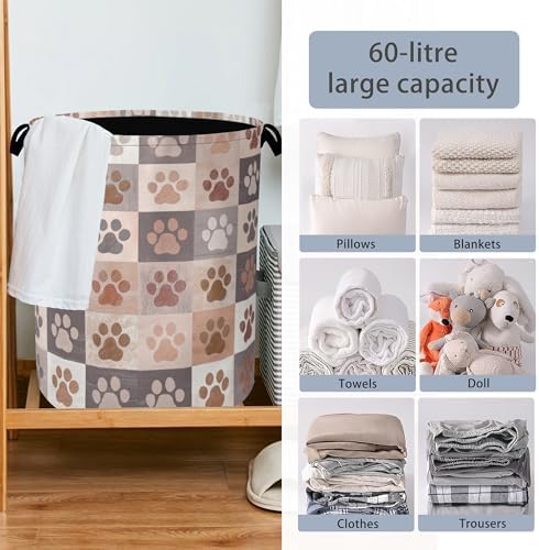 Colorful Dog Cat Laundry Basket,Paws Foldable Oxford Cloth Tote Bag Laundry Hamper Clothes Storage Bucket Organizer for Bedroom Laundry Storage Dormitories 16" x 20.8"