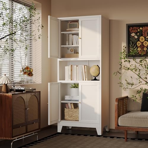 69"H Metal Storage Cabinet with Doors and Shelves,Tall White Cabinets,Bathroom Storage Cabinet,Large Cabinets with Glass Doors and Adjustable Shelves,Cabinet for Bathroom, Living Room, Dining Room