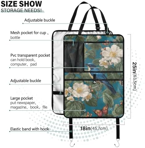 2 Pack Back Seat Car Organizer with Storage Pockets Kick Mats Back Seat Protector Hanging Car Organizer Automotive Seat Back Cover Organizers Vintage Blue Bird Flowers Butterflies