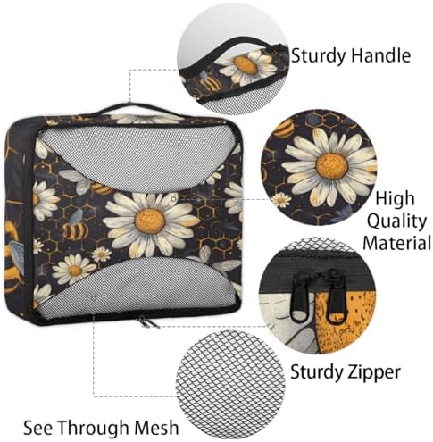 Honey Bumble Bee 4 Set Packing Cubes Luggage Organizer Bags for Travel Accessories and Essentials, Daisy Floral Bee