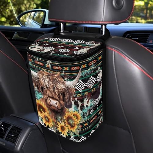 DISNIMO Aztec Sunflower Cow Car Trash Can with Lid Portable Garbage Bag Leak-Proof Car Storage Bag Car Garbage Can Car Accessories Interior Organizer Storage Bin