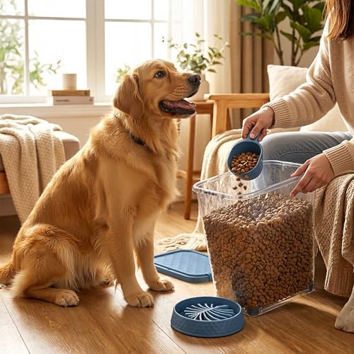 DRATO Pet Food Storage Container with Sealed Lid, Transparent Large Capacity Resin Bin for Dry Food, Treats, and Supplies, Includes Measuring Cup and Slow-Feed Bowl