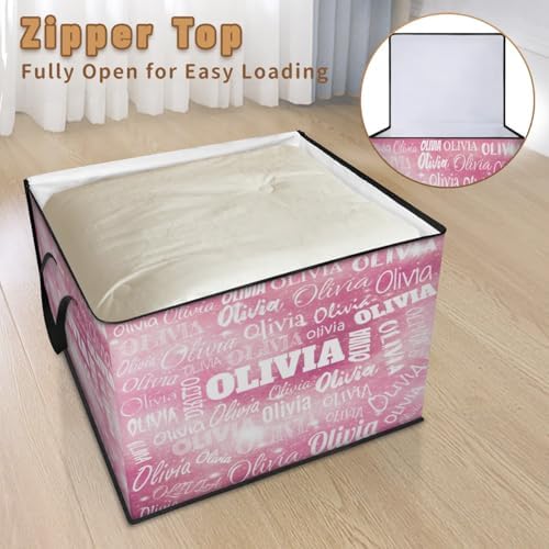 Personalized Name Foldable Storage Basket Cubes with Lid, Laundry Hamper Dirty Clothes Pet Toys Storage Bin with Handles for Shelf Home Closet Kitchen, Watercolor Pink Galaxy with Stars