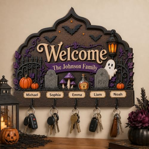 Personalized Halloween Key Holder, Custom Wooden Family Name Décor | Decorative Halloween Sign with Hooks, Family Name Sign, Spooky Wall Holder, Pumpkin Front Door Accent, House Key Hanger