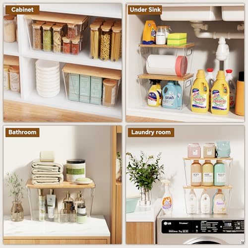 Criusia 4 Set Pantry Organizers and Storage with Bamboo Lids, Stackable Clear Bins for Onion, Potato, Fruit, Vegetables, Trash Bag Dispenser, Kitchen and Under Sink Organizer