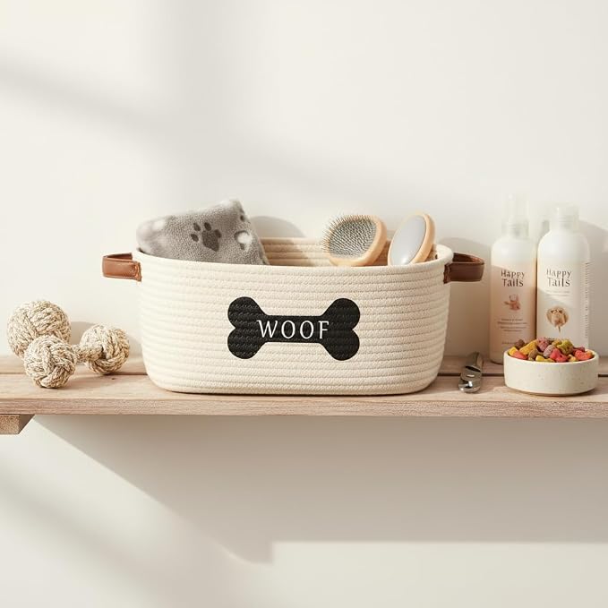 Morezi Cotton rope dog toy basket with handle, large dog bin, puppy kitty bed, dog toy basket - Perfect for carry pet toys, blankets, leashes, chew toys, diapers - Beige