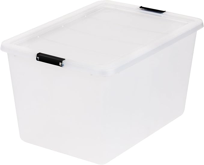 IRIS USA 4-Pack 55 Quart Clip Box with Latching Lid | Latching lid secures office and household supplies. Stackable, nestable design maximizes storage space