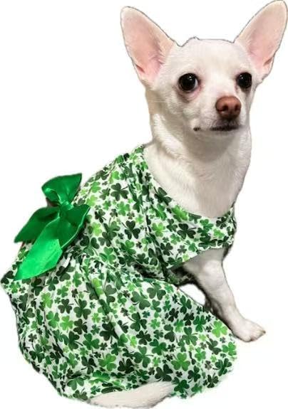 St. Patrick's Day Dog Costume Dress L, Green Clover Print with Satin Bow, White Pet Dress for 11-13 lbs Dogs and Cats, Holiday Party Clothing