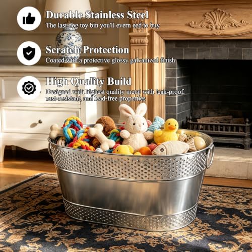 Indestructible Metal Dog Toy Storage Bin, Silver Pet Toy Storage Basket for Living Room Area, Sturdy Chew Proof Puppy Toy Box with Handle, Large Capacity 25 Quart