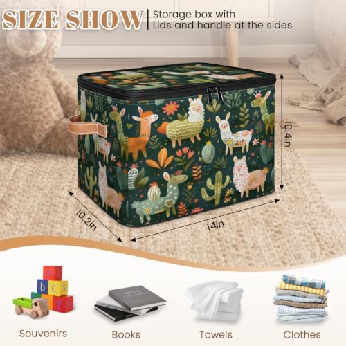 Llama Alpaca Storage Box with Zipper Lid | Collapsible, Fabric, Storage Bin, Handle, Large, Closet Organizer, Containers, Bedroom, Home, Tropical Plant Cactus