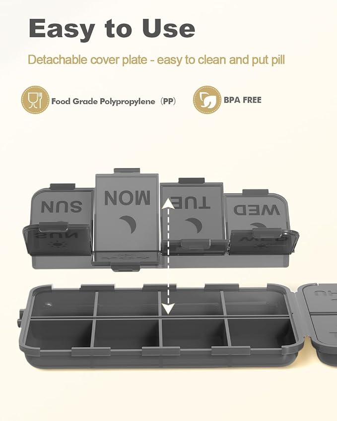 Pill Organizer Travel Medicine Case - Travel Pill Case with Etched Labels, Daily Travel Medicine Case Holder