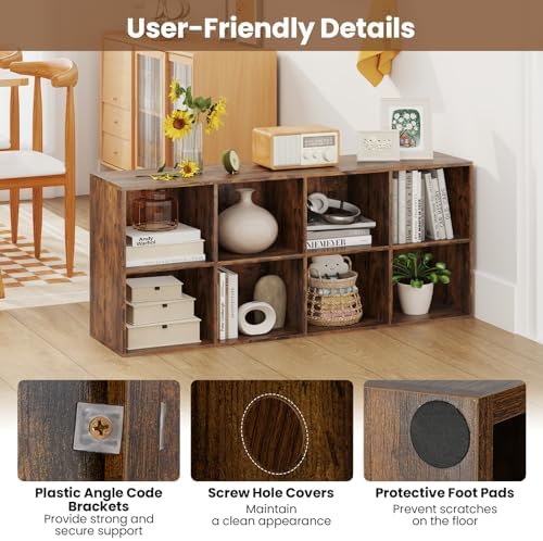 Giantex 8-Cube Bookcase, Floor Standing Bookshelf with Storage & 2 Anti-Tipping Kits, Open Storage Organizer, Cubby Wooden Book Shelf for Living Room, Study (Rustic Brown, 8-Cube)