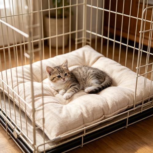 Chew Proof Dog Bed for Crate, Indestructible Durable Kennel Mat with Reinforced Corners, Large Washable Chew Resistant Pet Pad for Small Chewers (Beige, 29"×23")