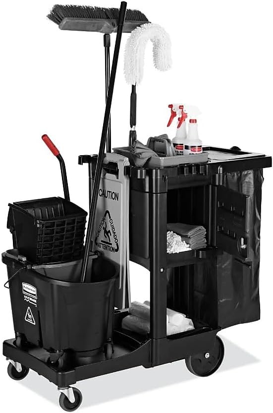 Rubbermaid Commercial Products Executive Series Janitorial and Housekeeping Cleaning Cart with Locking Cabinet, Wheeled with Zippered Black Vinyl Bag, Black, 38.4" H x 21.8" W x 46" L