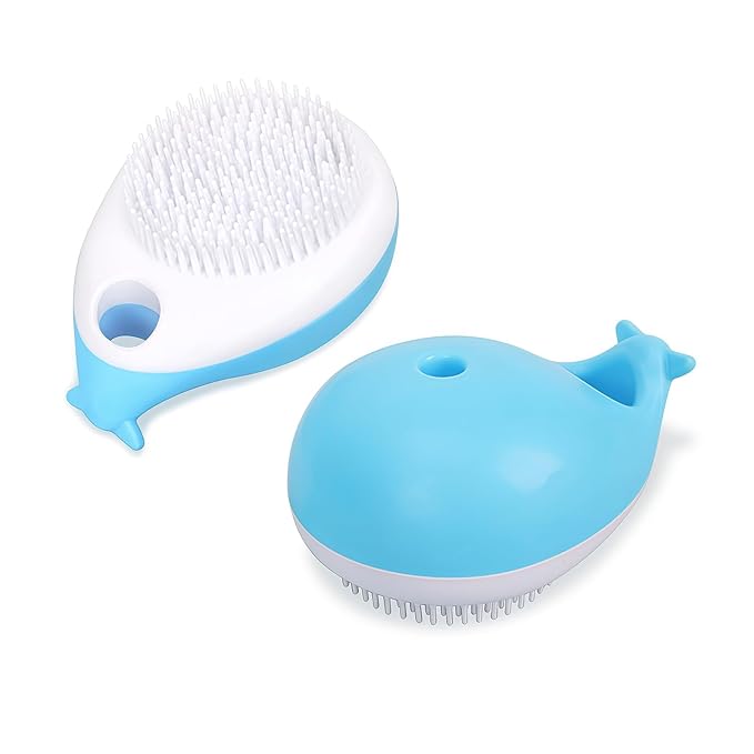 Blue Whale Dog Bath Brush with Shampoo Dispenser Dog Washing Brush Cat Deshedding Comb with Massage Pin Pet Grooming Bathing Tool for Dogs and Cats Remove Loose Hair Deep Cleansing