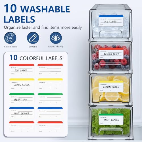 Stackable Ice Storage Bin for Freezer with Front Slide-Out Drawer | Clear PET bin with lid, 12.6 x 5.9 x 4.3 in, includes scoop, tongs and 10 washable labels, for ice and frozen fruit